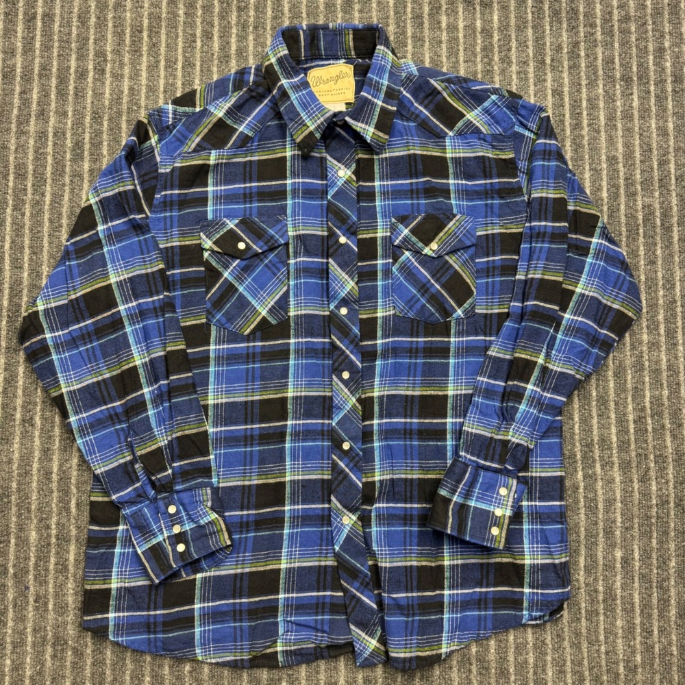 Wrangler Mens Western Snap Shirt L Blue Black Plaid Flannel Pearl Snap Cowboy